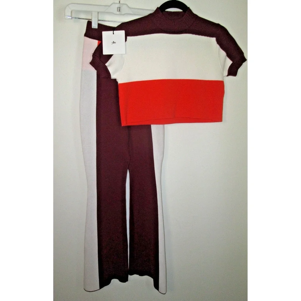 YLLW  Set Colorblock Size XS/S Burgundy Orange Knit‎ Cropped Top Flare Pants - Picture 3 of 12